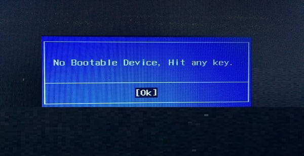 No Bootable Device, Hit any key скриншот ошибки